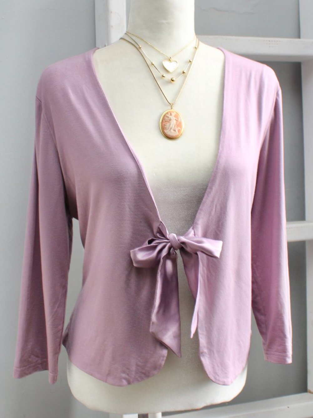 Talbots Mauve Purple Tie-Front Satin Cardigan 3/4 Sleeves Boxy FIt Size Large
